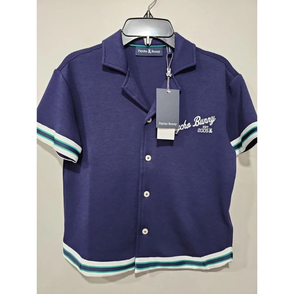 Psycho Bunny NWT Youth 5-6/Xs Button-up Short Sleeve Polo Shirt Blue Logo NEW